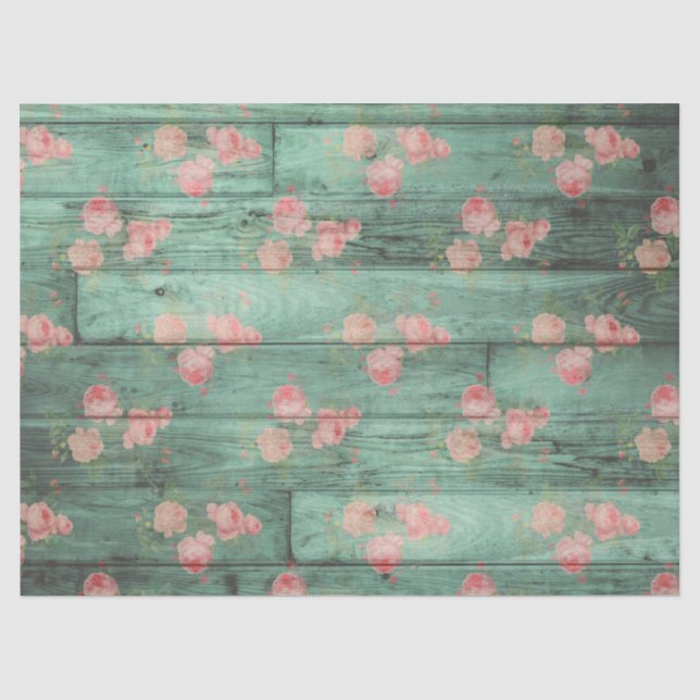 Green Rustic Wood with Pink Rose Decoupage Tissue Paper (Front)