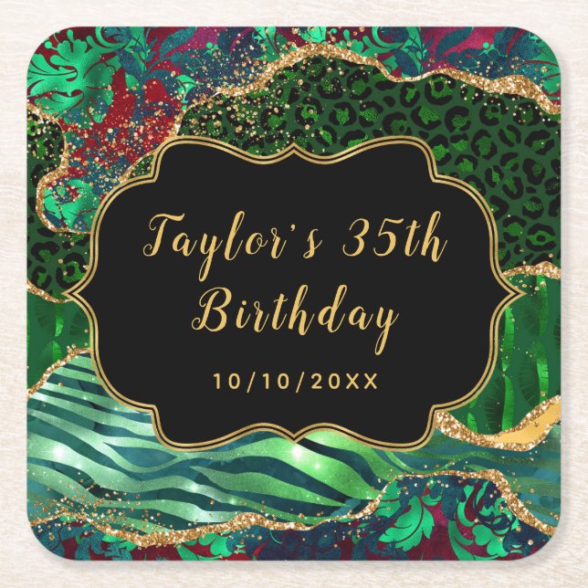 Green Safari Agate Birthday Square Paper Coaster (Front)