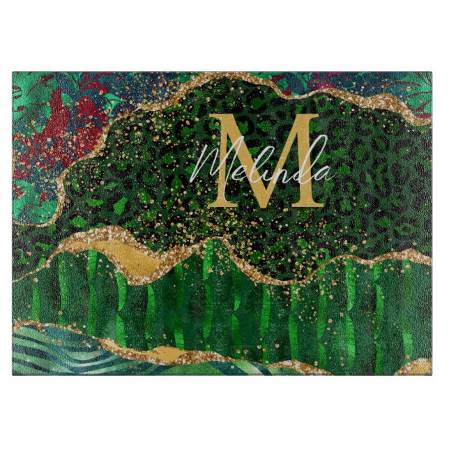 Green Safari Animal Print Agate Cutting Board (Front)