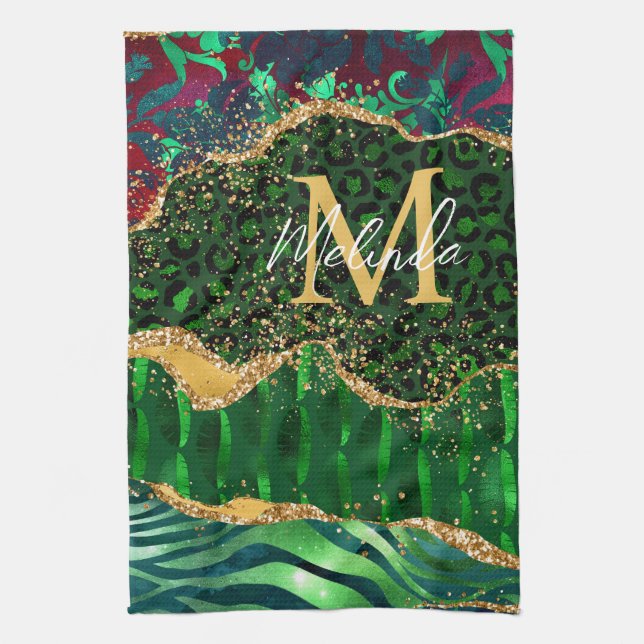 Green Safari Animal Print Agate Kitchen Towel (Vertical)