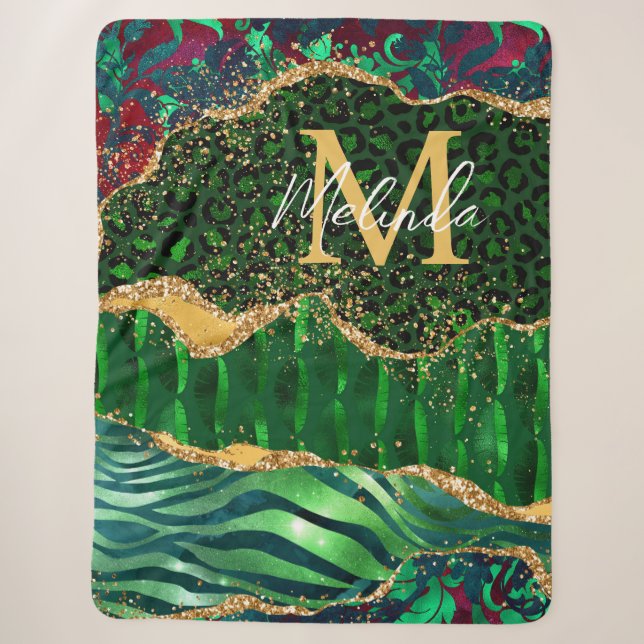 Green Safari Animal Print Agate Sherpa Blanket (Front)