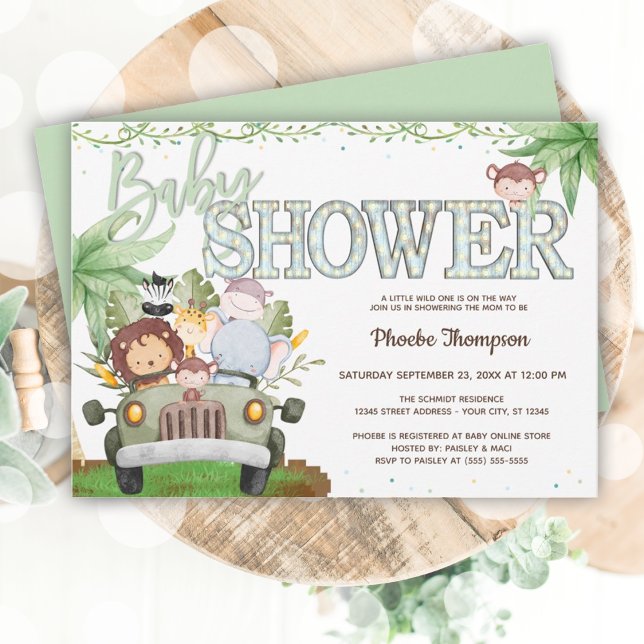 Green Safari Animals Baby Shower  Invitation (Green Safari Animals Baby Shower Invitation)