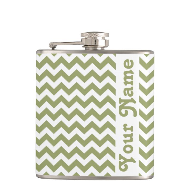 Green Safari Chevron with customizable name Hip Flask (Front)