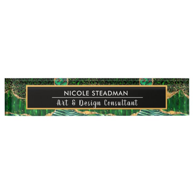 Green Safari Jungle Animal Print Agate Nameplate (Front)