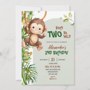 Green Safari Monkey Born Two Be Wild 2nd Birthday Invitation