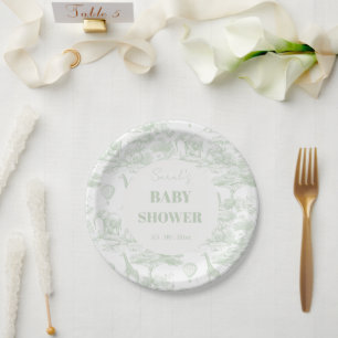 Green Safari Toile D Jouy Jungle Theme Baby Shower Paper Plate