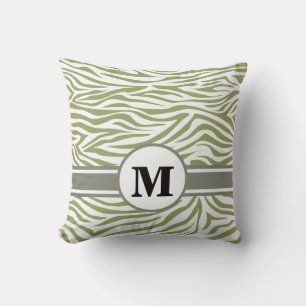 Green Safari Zebra with Monogram Throw Pillow