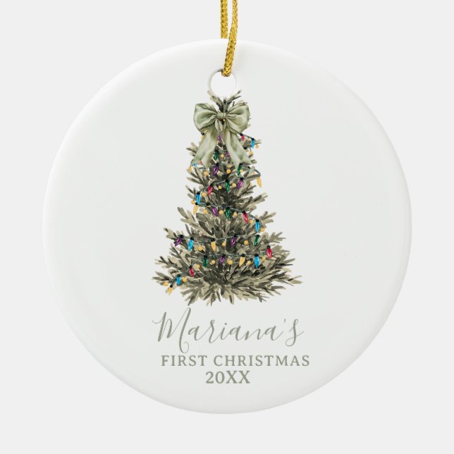 Green Sage Bow Pine Trees First Christmas Ceramic Ornament (Front)