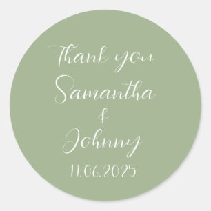 Green Sage Calligraphy Elegant Couple Wedding Classic Round Sticker