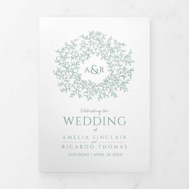 Green sage leaf monogram art photo wedding program Tri-Fold programme (Cover)