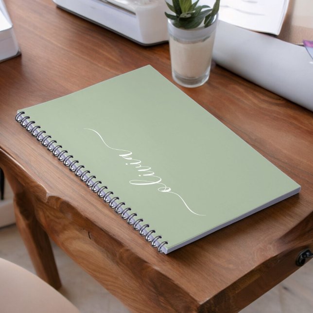 Green Sage Modern Script Girly Monogram Name Notebook (Creator Uploaded)