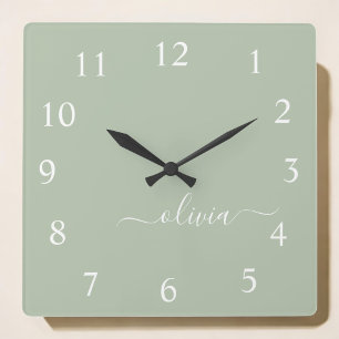 Green Sage Script Monogram Girly Name  Square Wall Clock