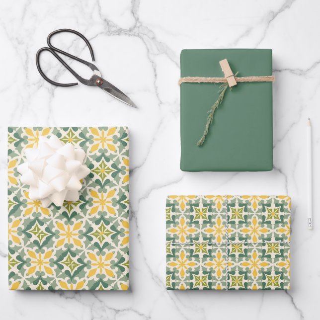 Green, Sage & Yellow Moroccan Pattern Wrapping Paper Sheet (Front)