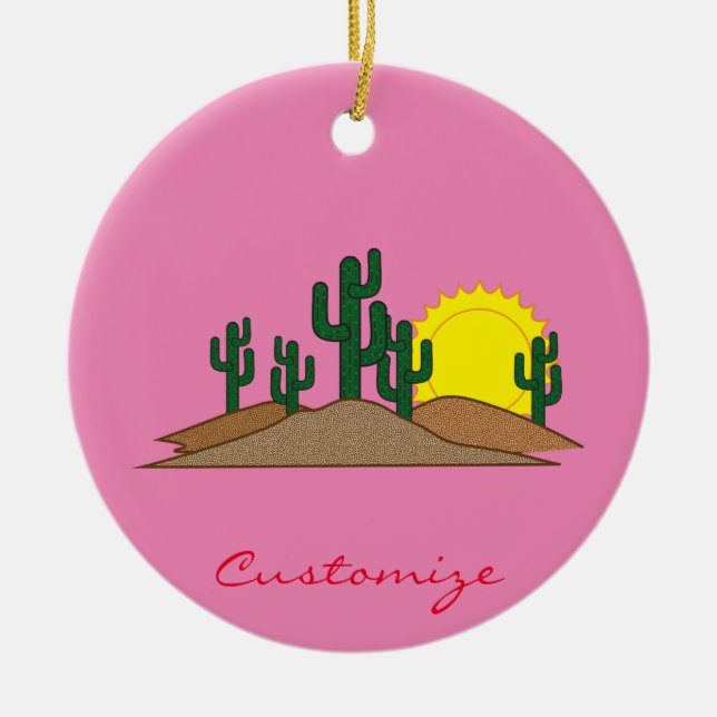 Green Saguaro Cactus Desert Sunrise Ceramic Ornament (Front)
