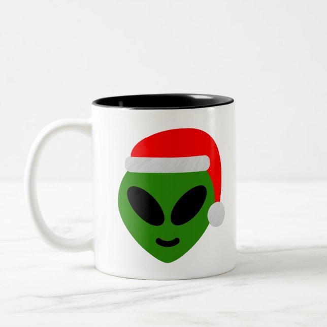 green santa alien emoji Two-Tone coffee mug (Left)