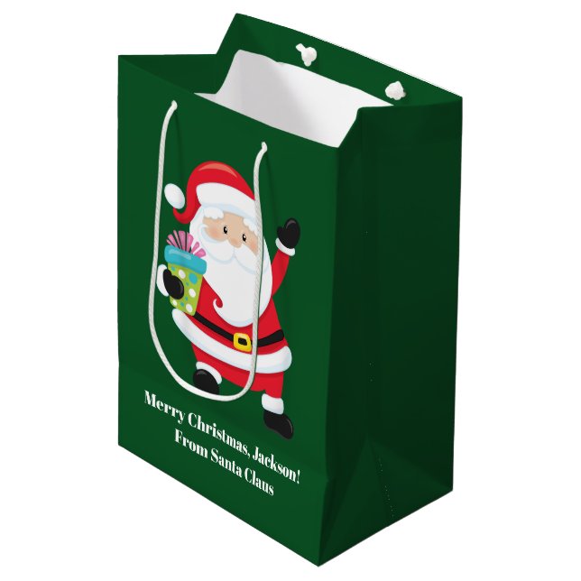Green Santa Claus Customized Kids Christmas Medium Gift Bag (Front Angled)