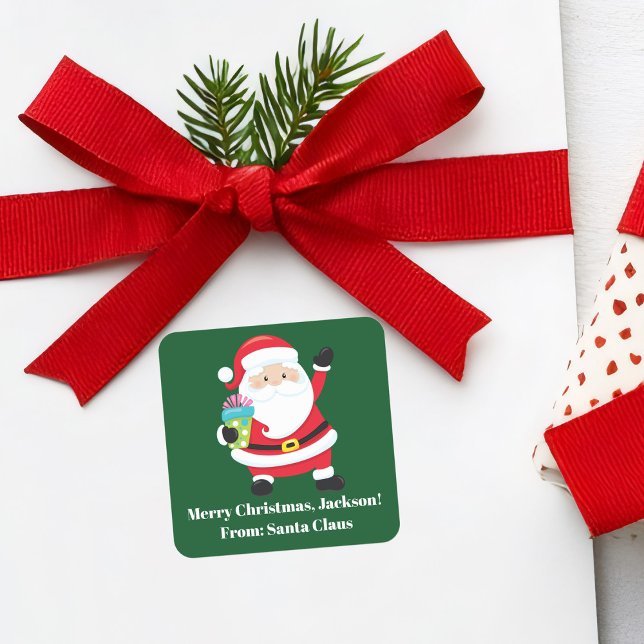 Green Santa Claus Customized Kids Christmas Square Sticker (Creator Uploaded)