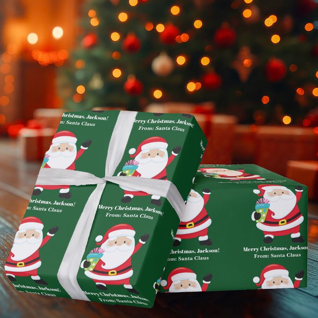 Green Santa Claus Customized Kids Christmas Wrapping Paper (Creator Uploaded)