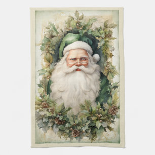Green Santa Claus Framed in Christmas Foliage Kitchen Towel