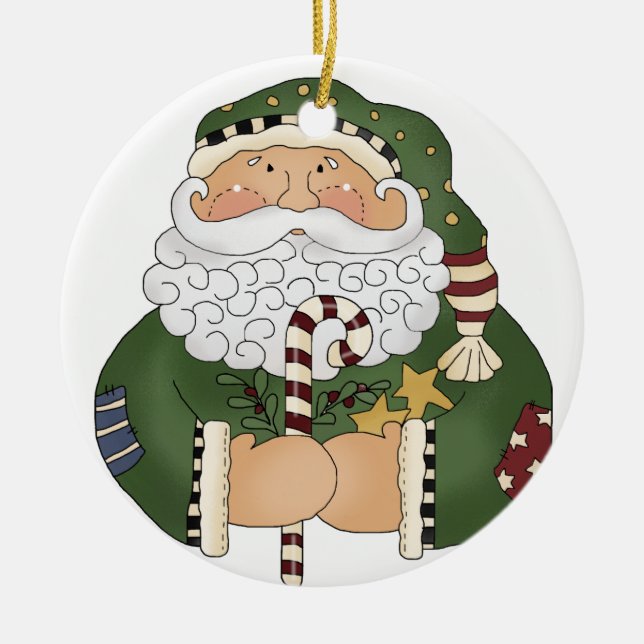 Green Santa Clause Classic Christmas Holidays Ceramic Ornament (Front)