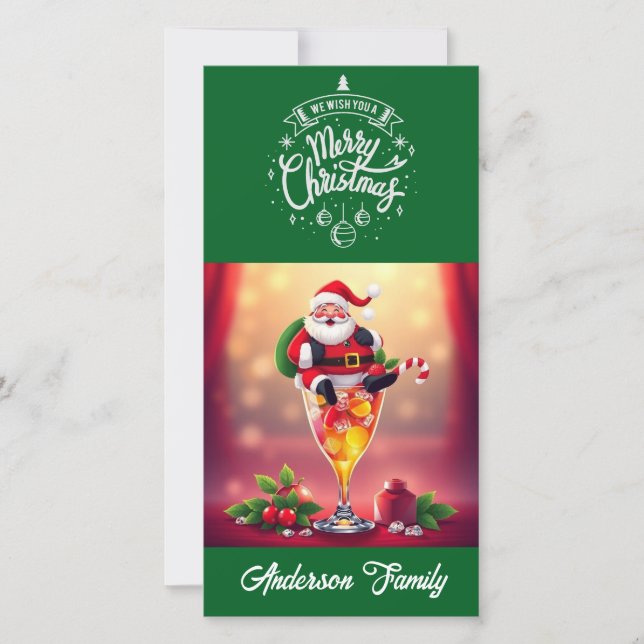 Green Santa Cocktail Christmas Holiday Card (Front)