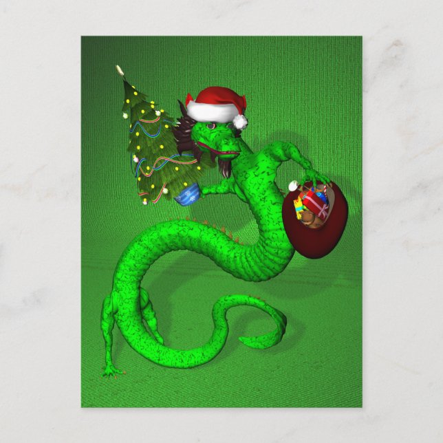 Green Santa Dragon Holiday Postcard (Front)
