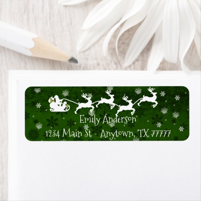 Green Santa's Sleigh and Reindeer Address Label (Insitu)
