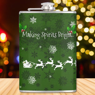 Green Santa's Sleigh and Reindeer Flask