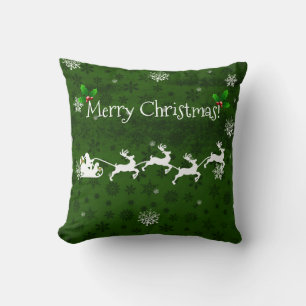 Green Santa's Sleigh and Reindeer Throw Pillow