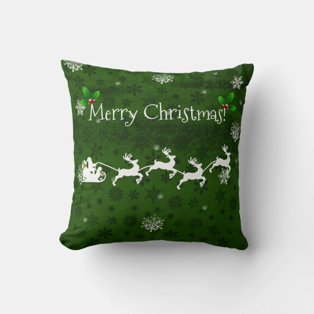 Green Santa's Sleigh and Reindeer Throw Pillow (Front)