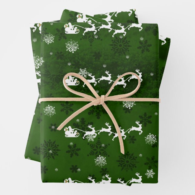 Green Santa's Sleigh and Reindeer Wrapping Paper (In situ)