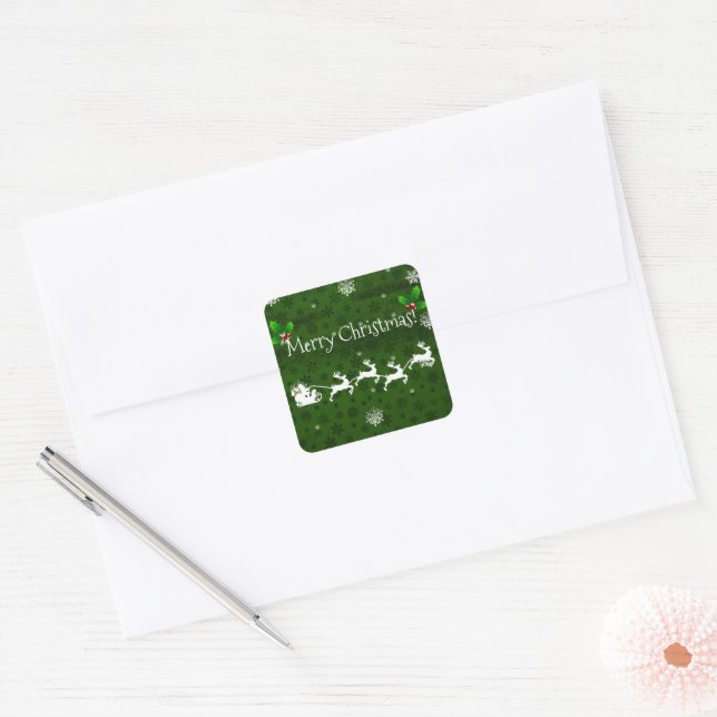Green Santa's Sleigh & Reindeer Christmas Sticker (Envelope)