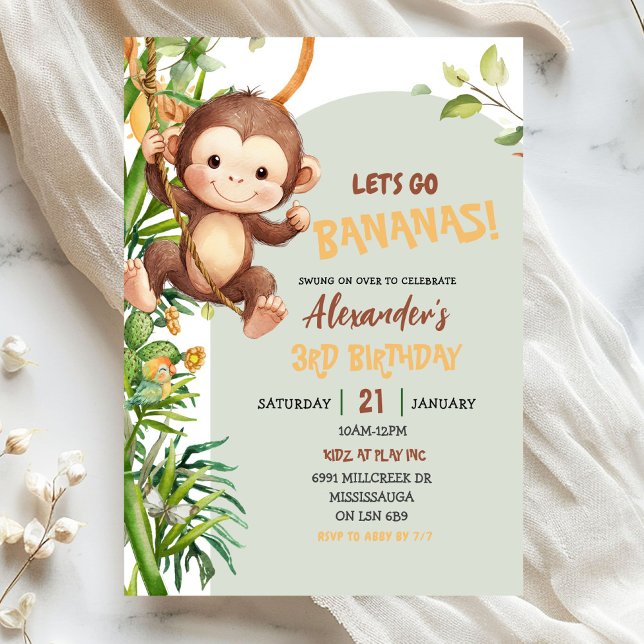 Green Savannah Monkey Let's Go Bananas Birthday Invitation (Creator Uploaded)