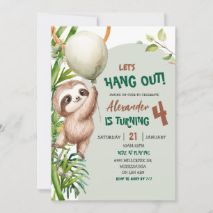 Green Savannah Sloth Let's Hang Out Birthday Invitation