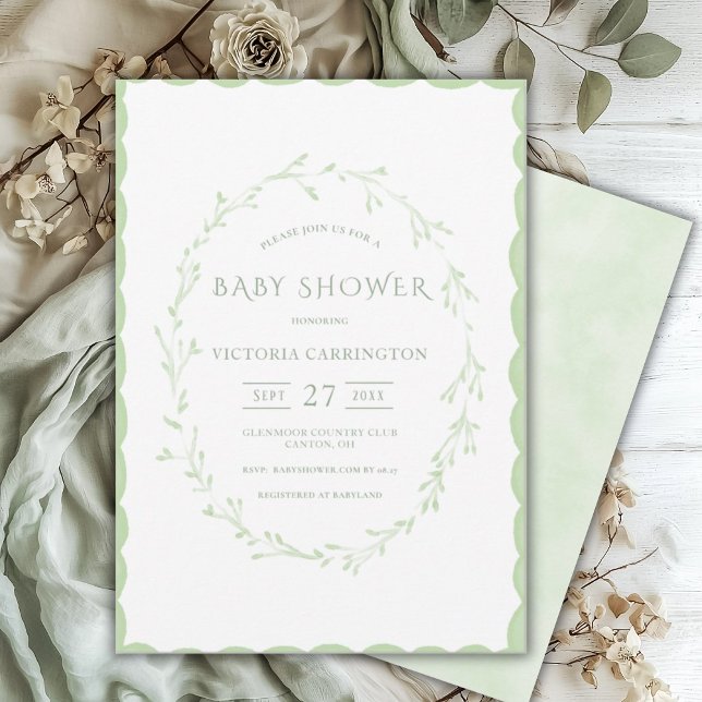 Green Scallop Frame Vintage Baby Shower Invitation (Creator Uploaded)