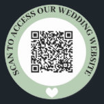 Green Scan To Access Wedding Website Heart QR Code Classic Round Sticker<br><div class="desc">Wedding website QR code sticker in black,  sage green,  and white with curved text and a white heart. Cute black,  green and white wedding QR code sticker.</div>