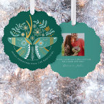 Green Scandi Reindeer Pair Christmas Ornament Card<br><div class="desc">Perfect for a couple, this card features a Scandinavian inspired design of two deer heads with natural decorative elements like snowflakes, flowers and branches in white and faux metallic gold. Personalize the text and add your photo on the back for a truly one of a kind Christmas card that also...</div>