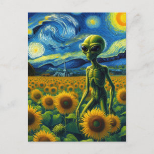 Green Scifi Alien in a Van Gogh Sunflower Field Postcard