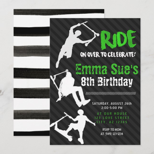 Green Scooter Skate Park Party Birthday Invitation (Front/Back)