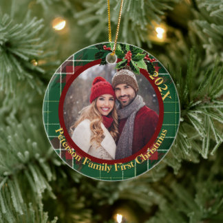 Green Scottish Plaid | Our First Christmas Photo Ceramic Ornament