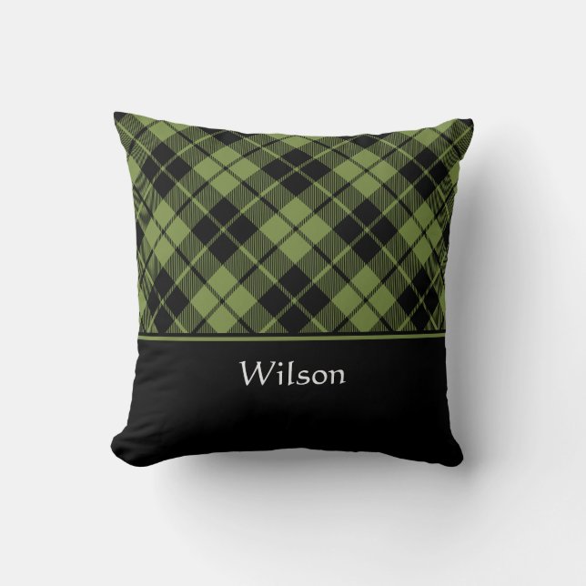 Green Scottish Tartan Plaid Personalized Name Throw Pillow (Front)