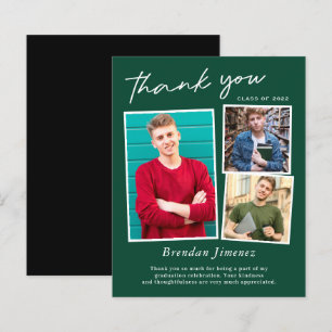 Green Script 3 Photo Graduation Thank You Card