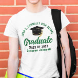 Green Script Graduate Personalized 2025 Graduation T-Shirt<br><div class="desc">These modern green script custom senior graduate t-shirts feature your high school or college name for the class of 2025. Customize with your graduating year under the chic handwritten script and black grad cap for a great personalized graduation party tee.</div>