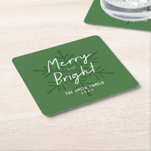 Green Script Merry & Bright Snowflakes Christmas Square Paper Coaster