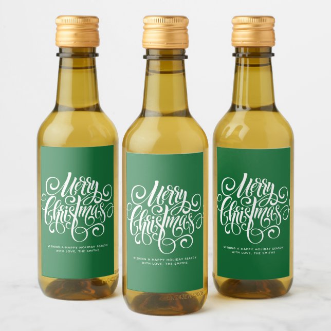Green Script "Merry Christmas" Personalized Wine Label (Bottles)