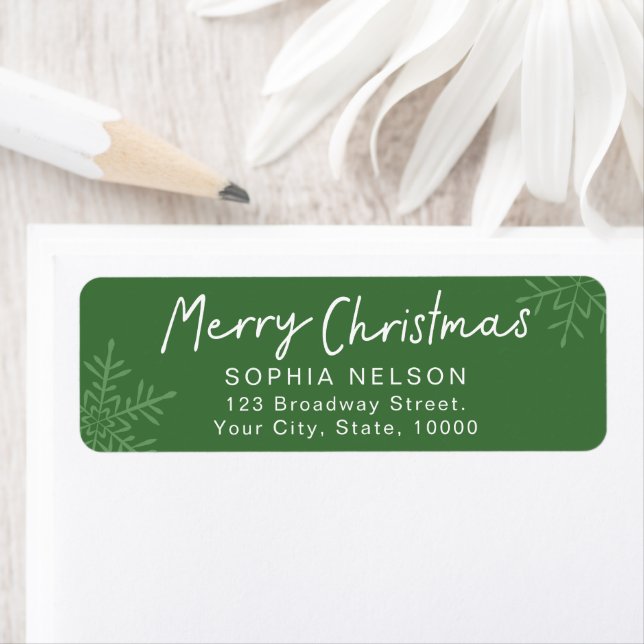 Green Script Snowflakes Christmas Return Address (Insitu)