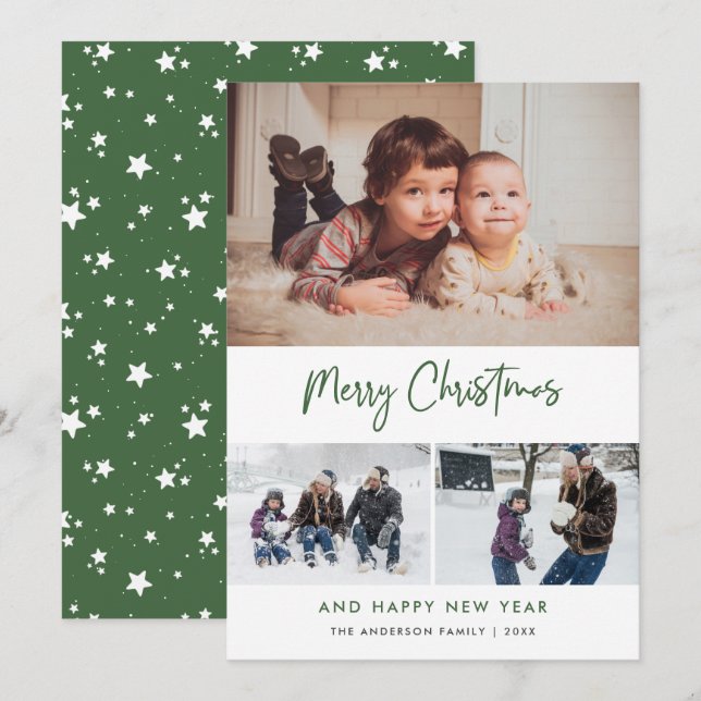 Green Script Stars Christmas 3 Photo Collage Holiday Card (Front/Back)