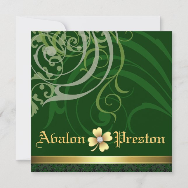 Green Scroll Shamrock St Patrick's Day Wedding Invitation (Front)
