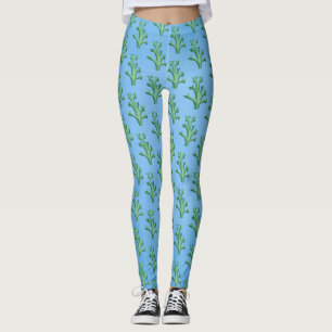 Green sea tree corals pattern on blue leggings