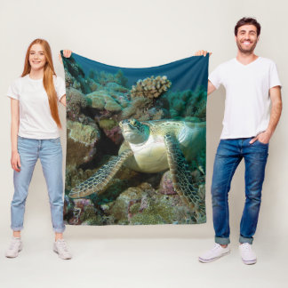 Green Sea Turtle after resting among coral reef |  Fleece Blanket